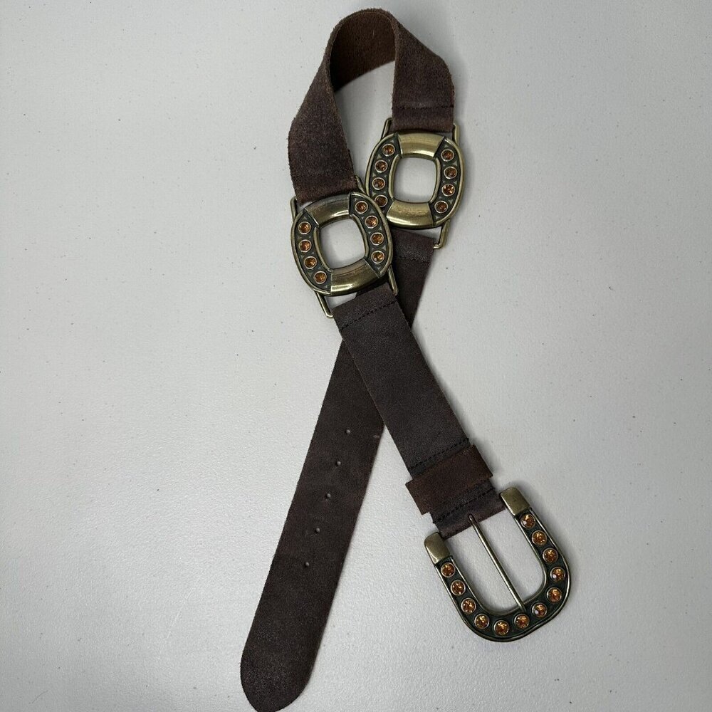 Steve Madden Belt Brown Suede Leather Brass Buckle Rhinestone Size M